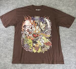 333 Half-Evil Skull Graphic Black Men's Crew Neck Cotton T-Shirt Size XL